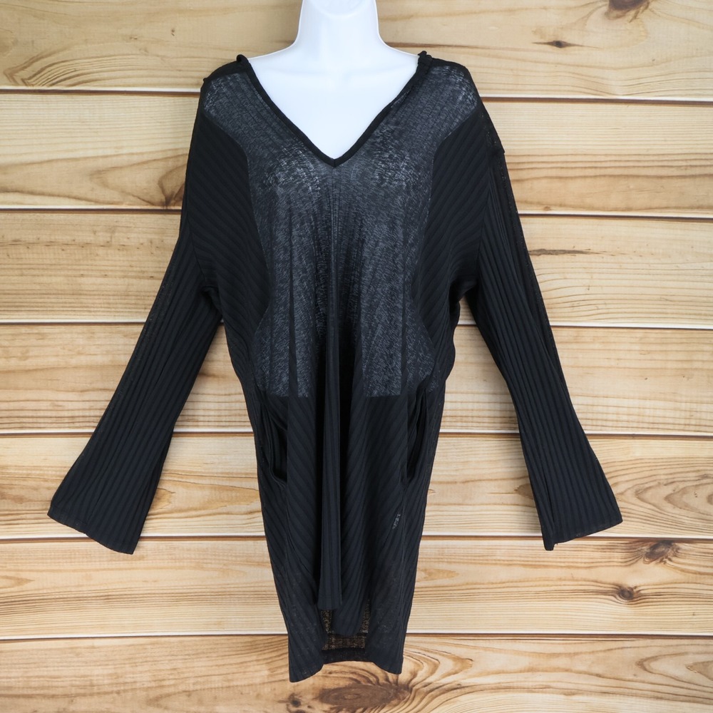 Wave‎ Zone Long Sheer Swimsuit Cover Up Womens Sz L Black Hooded Pockets Stretch